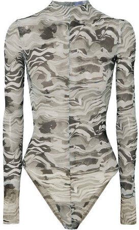 Open-back Printed Stretch-mesh Bodysuit - Gray