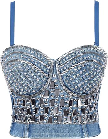 Corset Top with Rhinestone Diamond Denim Crop Tops Women Sexy Glitter Top Party Club Rave Festival Clothing (Color : Denim Top A, Size : Small) at Amazon Women’s Clothing store