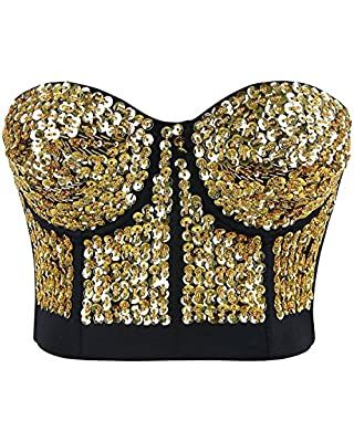 Charmian Women's Colorful Rhinestone Push Up Bra Clubwear Party Bustier Crop Top Valentines Bra Top Black XX-Large at Amazon Women’s Clothing store