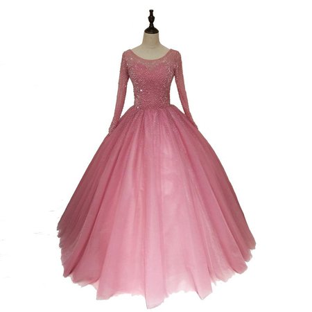 Ball Gown Long Prom Dresses With Long Sleeve Beading Pink Evening Gowns WHK005 – AmyProm