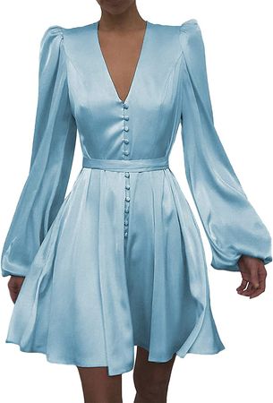Amazon.com: Women's Elegant V Neck Long Lantern Sleeve Cocktail Party Satin Ruched Button Up Waist Slim Fit Split Midi Long Dress : Clothing, Shoes & Jewelry
