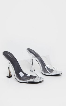 Silver Flare Heel Mule Sandal | Shoes | PrettyLittleThing