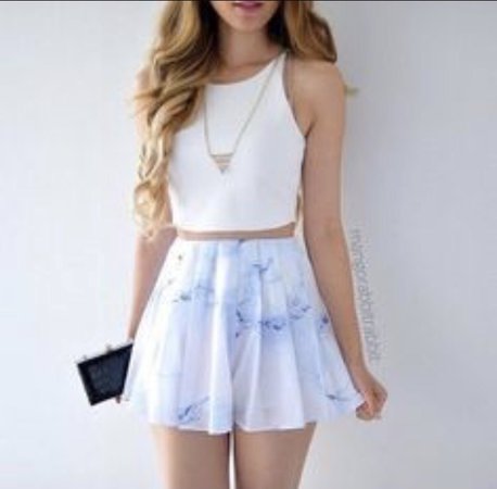 • Crop Top & Skirt Combo • Purse • Hanging Necklace • Blue Marble Skirt • White Top • Omg Quality is 👌🏻😂 (it stinks) •