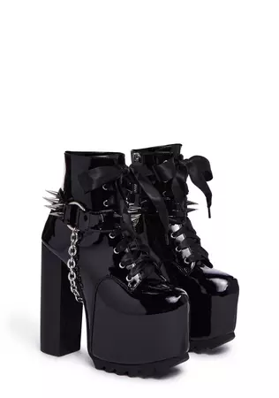 Widow Patent Faux Leather Platform Boots With Spiked Straps - Black – Dolls Kill