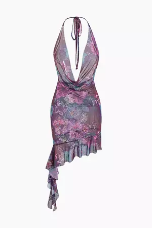 Floral Print Ruffle Hem Tie Halter Deep V Cowl Neck Mini Dress – Micas