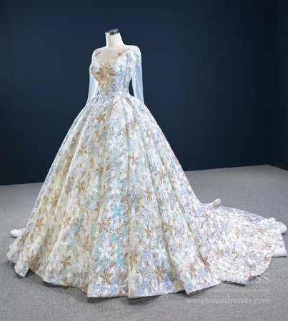 Shiny Floral Wedding Dress with Sleeves 67169 viniodress – Viniodress