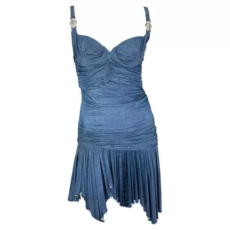 S/S 2005 Versace by Donatella Runway Ruched Trompe L'œil Denim Blue Mini Dress For Sale at 1stDibs