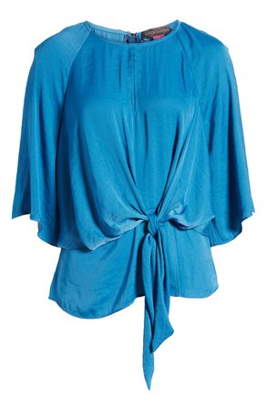 Vince Camuto Bell Sleeve Tie Waist Hammered Satin Blouse blue