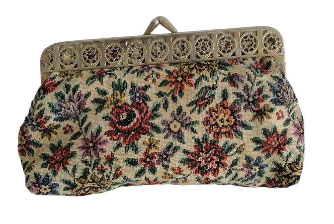 60s Tapestry Small Purse Goldtone Frame Flower Design Vintage