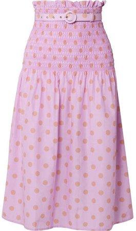 Belted Shirred Polka-dot Cotton And Silk-blend Midi Skirt - Lavender