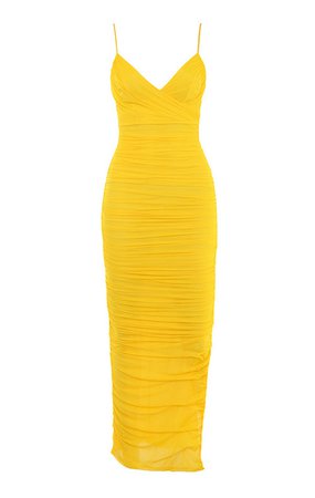 'Belle Nuit' Yellow Ruched Mesh Maxi Dress
