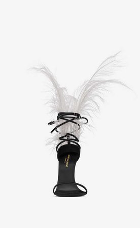 Saint Laurent 105 Iris Sandal in Black Leather and Beige ostrich feathers