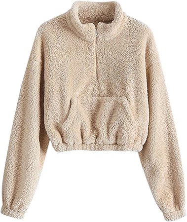 ZAFUL Women's Faux Fur Half Zip Fuzzy Sweatshirt Warm Fleece Crop Sherpa Pullover Tops Khaki at Amazon Women’s Clothing store