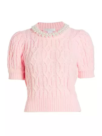 Shop Design History Faux Pearl Cable-Knit Short-Sleeve Sweater | Saks Fifth Avenue