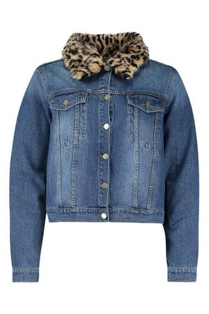 Leopard Faux fur Collar Cropped Denim Jacket | Boohoo blue