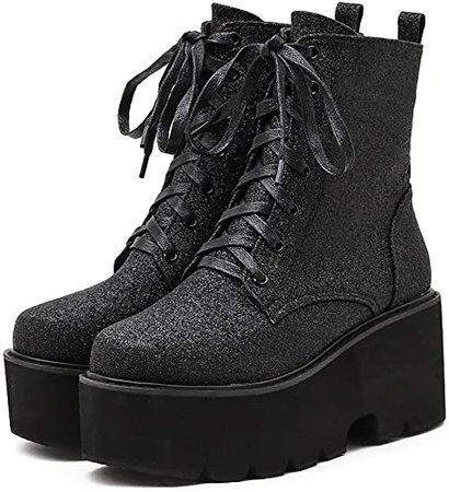 Amazon.com | Parisuit Womens Sequin Glitter High Heel Ankle Boots Chunky Lace Up Platform Combat Boots Goth Punk Dress Booties-Black Size 4 | Ankle & Bootie