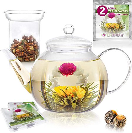Amazon.com | Teabloom Stovetop & Microwave Safe Glass Teapot (40 OZ / 1.2 L) with Removable Loose Tea Glass Infuser – Includes 2 Blooming Teas – Premium Quality Teapot Gift Set (Holds 4-5 Cups): Teapots