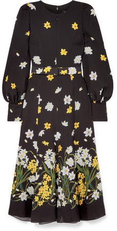 Belted Floral-print Silk Midi Dress - Black
