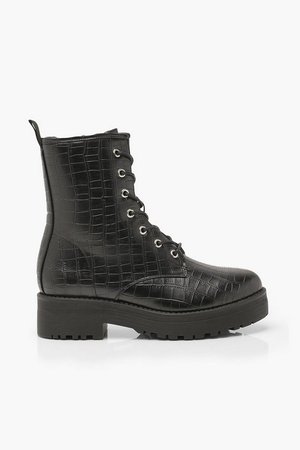 Wide Fit Croc Cleated Hiker Boots | Boohoo