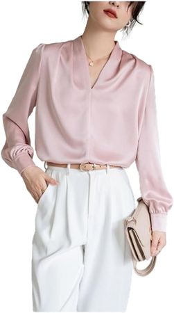 JKJHJF Women's Elegant Satin Blouse,Casual Fashion Solid Long Sleeve Wrap V Neck Satin Blouse Shirt,Satin Blouses for Women at Amazon Women’s Clothing store