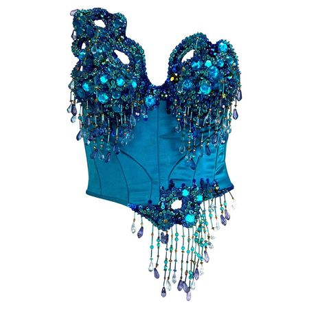 Early 1990s Thierry Mugler Blue Rhinestone Encrusted Bead Bustier Corset For Sale at 1stDibs