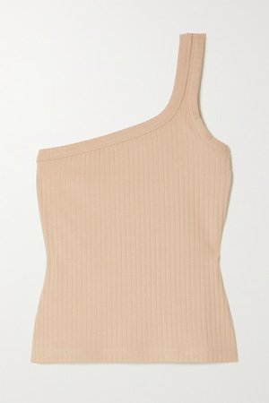 One-shoulder Ribbed Stretch-organic Cotton Tank - Beige