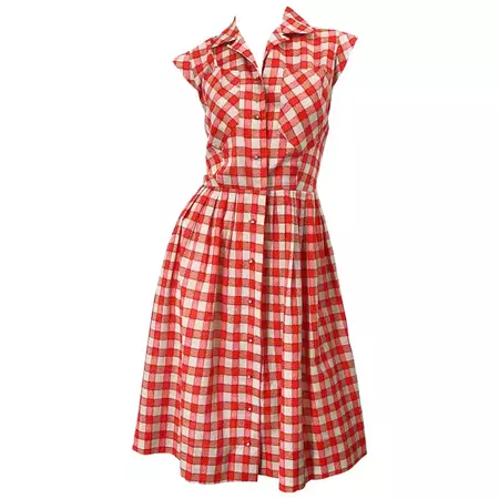 Rare 1950s Red + White Checkered Rhinestone Vintage 50s Cotton Dress For Sale at 1stDibs | red and white checkered dress, red checkered dress, vintage plaid dress 50s