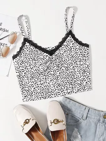 white Lace Trim Leopard Print Cami Top | SHEIN USA