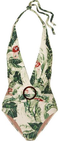 Cult Gaia Ring-embellished Printed Halterneck Swimsuit - Green