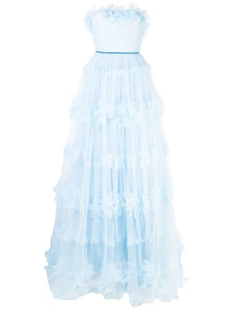 Blue Marchesa Notte Ruffled Tulle Gown | Farfetch.com