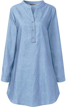 Kidsform Women's Denim Dress Chambray Shirt Button Down 3/4 Sleeve V Neck Blouse Dress Jean Shirt Long Tunic Tops with Pockets N-Dark Blue Large at Amazon Women’s Clothing store