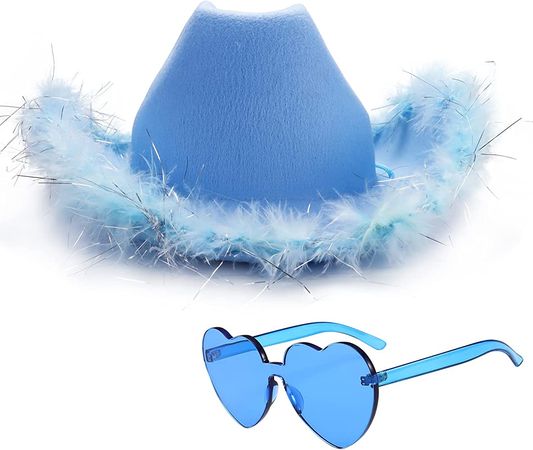 Amazon.com: Blue Cowgirl Hat with Heart Sunglasses for Women Girls: Preppy Feather Cowboy Hats As ​Halloween Disco Party Accessorie : Clothing, Shoes & Jewelry
