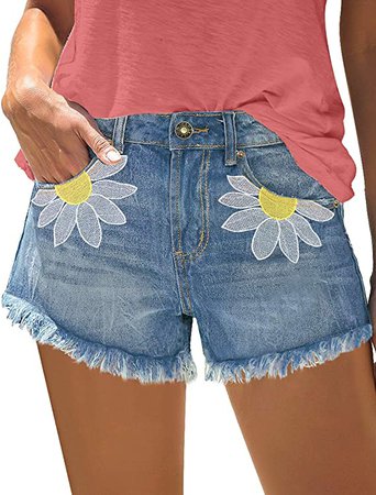 luvamia Women's Casual Denim Shorts High Waisted Frayed Raw Hem Jean Shorts Summer Shorts Daisy Floral Embroidery Shorts Blue X-Large at Amazon Women’s Clothing store