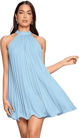 SweatyRocks Women's Casual Sleeveless Tie Back Halter Dress Mini Swing Pleated A-line Loose Dress at Amazon Women’s Clothing store