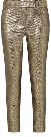 Skyla Grosgrain-trimmed Metallic Croc-effect Jacquard Slim-leg Pants - Gold