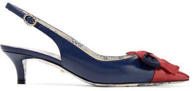 Sackville Bow-embellished Two-tone Textured-leather Slingback Pumps - Navy