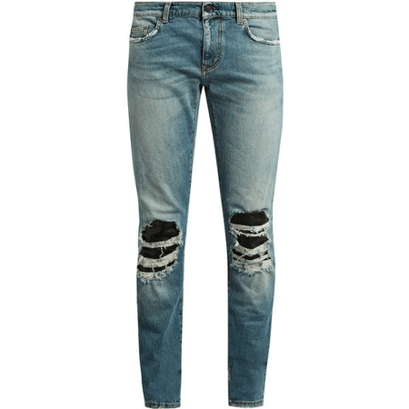 Saint Laurent Distressed Leather-Insert Skinny Jeans