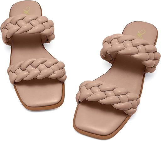 Amazon.com | Athlefit Women's Braided Flat Sandals Square Open Toe Slip On Slides Woven Sandals Nude Size 9 | Slides