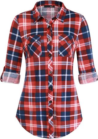 DJT Plaid Shirts for Women, Women's Casual Long Sleeve Button Down Shirt Medium Fiery Red at Amazon Women’s Clothing store