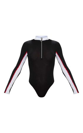 Black Sport Zip Front Long Sleeve Thong Bodysuit | PrettyLittleThing