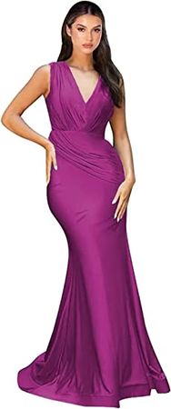 Youjiayi Mermaid Bridesmaid Dresses Long Silk Satin Formal Dresses for Women Sexy V Neck Evening Gowns with Train YJY82 at Amazon Women’s Clothing store