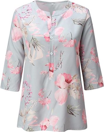 USA Sweatshirt Fashion Women's Top Blouses Summer Sexy Flower Printed Top V-Neck Button T-Shirt Casual Elegant Pink at Amazon Women’s Clothing store