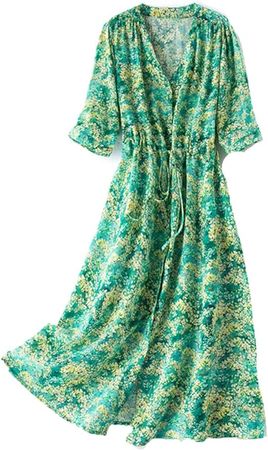 Amazon.com: Women's Summer V-Neck Dress Silk Waist Floral Mid-Length A-Line Shirt Dress Green Print Bust 104cm : Clothing, Shoes & Jewelry