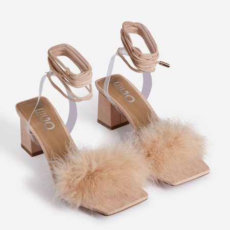 Finesse Lace Up Square Toe Fluffy Midi Block Heel In Nude Faux Suede | EGO