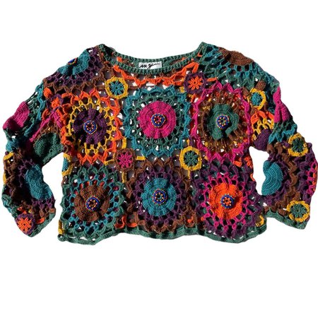 Vintage Crochet Top Mid/long sleeve colorful... - Depop