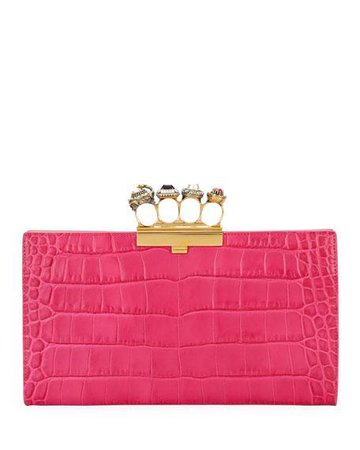 Alexander Mcqueen Jeweled Four Ring Crocodile-Embossed Clutch Bag, Dark Pink | ModeSens