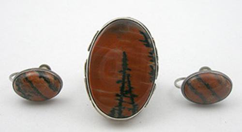 Petrified Wood Agate Sterling Ring & Earrings Set - Garden Party Collection Vintage Jewelry