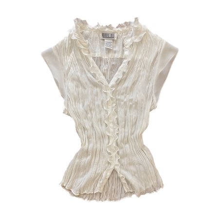 cream ruffled micropleated button up blouse top