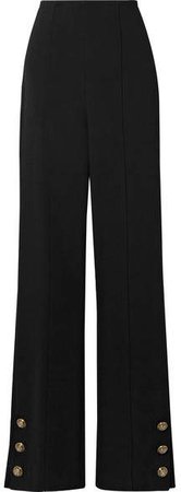 Button-embellished Stretch Wool-blend Crepe Straight-leg Pants - Black