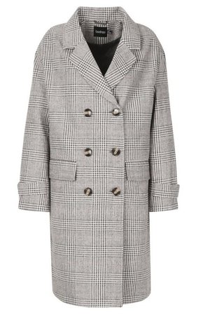 Check Double Breasted Wool Look Coat | Boohoo grey